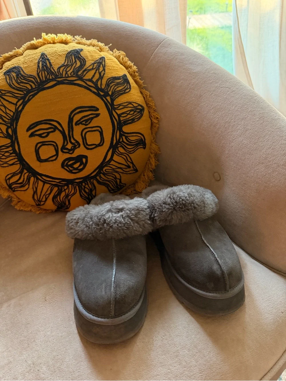 UGG Gray Suede Shearling Platform Slipper Clog